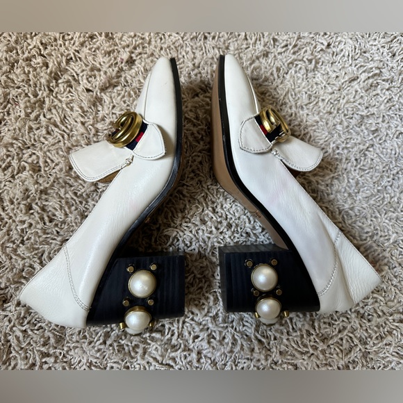 GUCCI Beige Leather Peyton GG Marmont Web Crystal Embellished Block Heel… - Picture 11 of 12